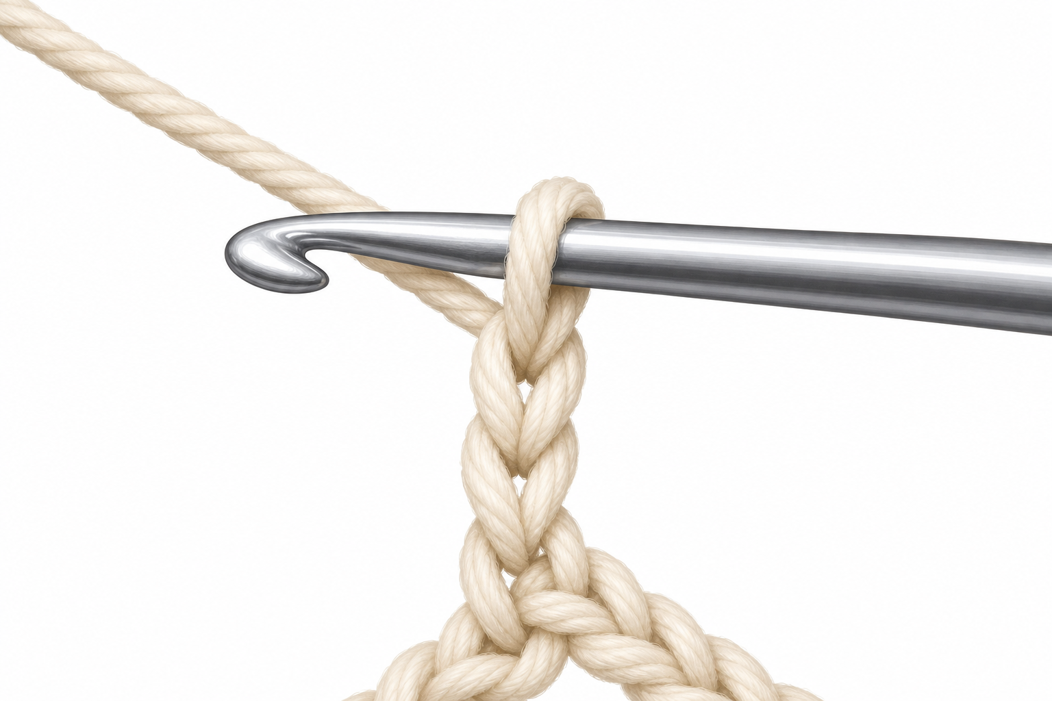 Close-up instructional illustration: forming a chain stitch on the hook with cream yarn