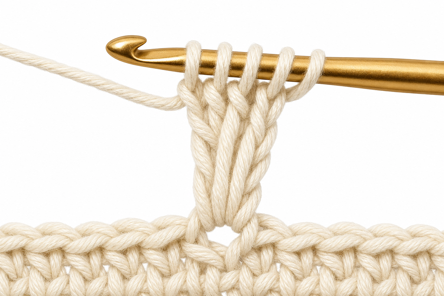 Close-up instructional illustration: treble crochet with multiple loops on the hook